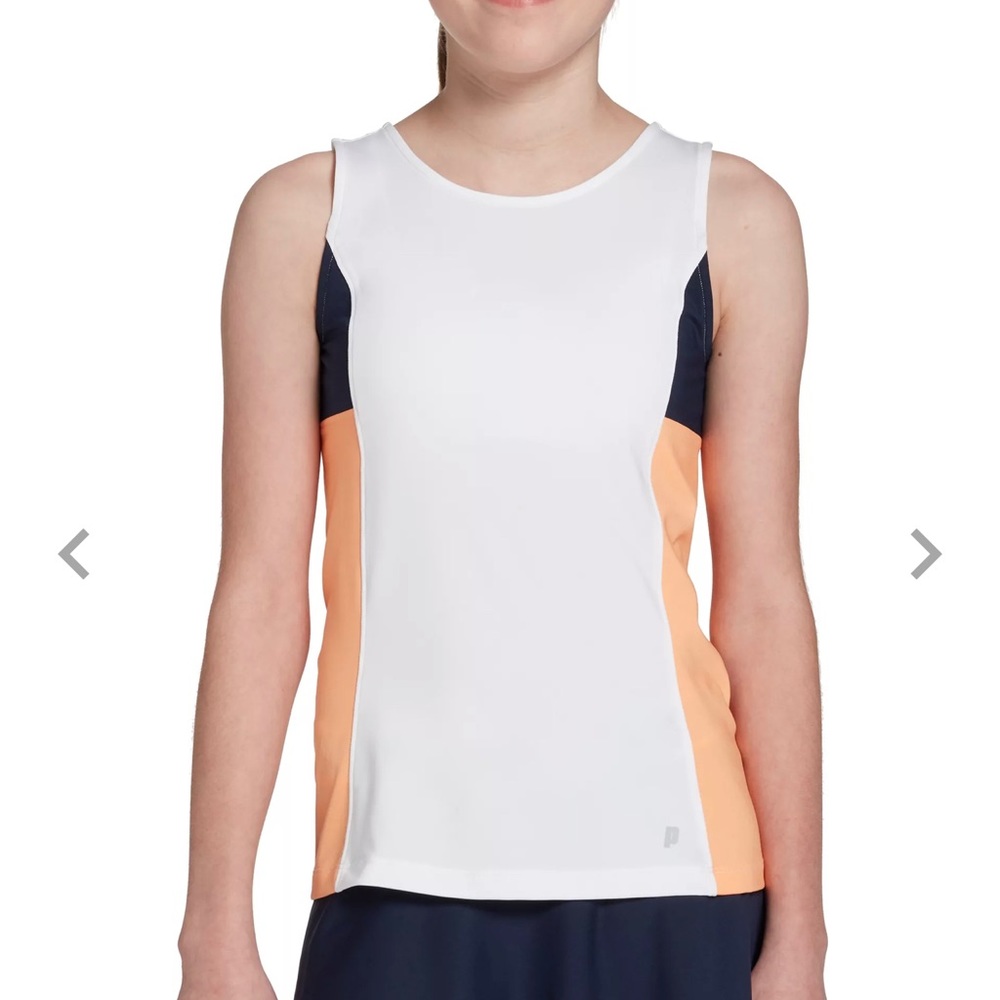 NWT Prince Girls Logo Tennis White, Peach, Navy Tank Top, Size Medium (10-12)